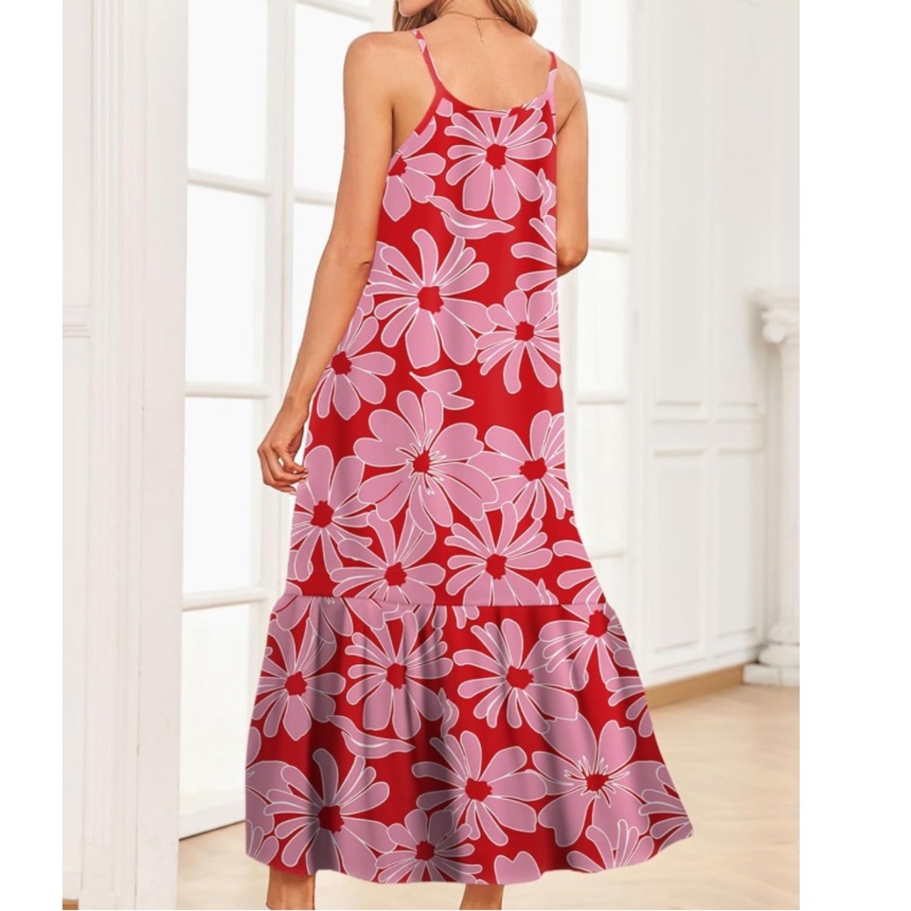 Red Pink Floral Pattern Spaghetti Strap Maxi Dress Size M - Picture 3 of 4